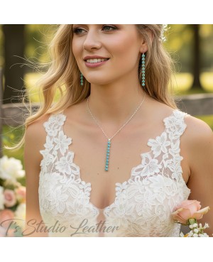 Western Country Bar Drop Turquoise Silver Necklace and Earrings Set