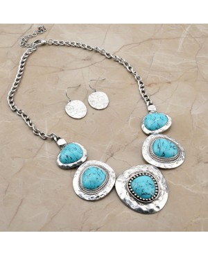 Hammered Silver Statement Turquoise Necklace Earrings - Western Style