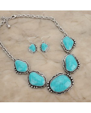 Chunky Turquoise Silver Statement Necklace Earrings Set Rustic Western
