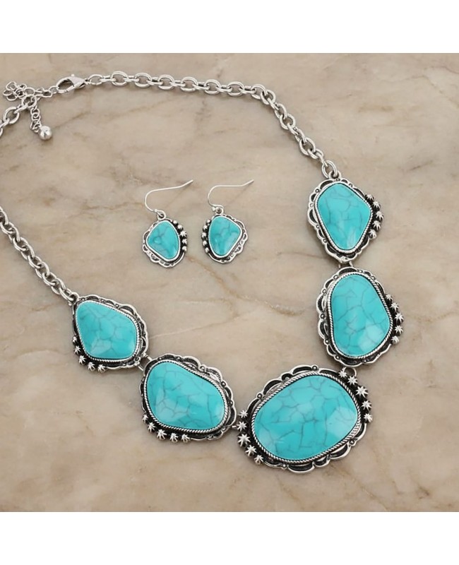 Chunky Turquoise Silver Statement Necklace Earrings Set Rustic Western