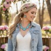 Chunky Turquoise Silver Statement Necklace Earrings Set Rustic Western