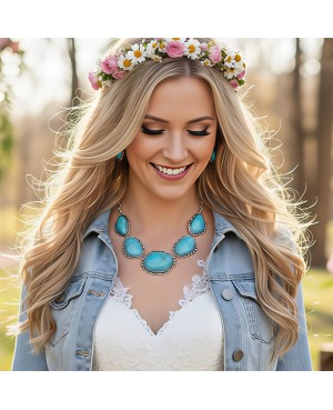 Chunky Turquoise Silver Statement Necklace Earrings Set Rustic Western