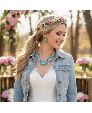 Chunky Turquoise Silver Statement Necklace Earrings Set Rustic Western