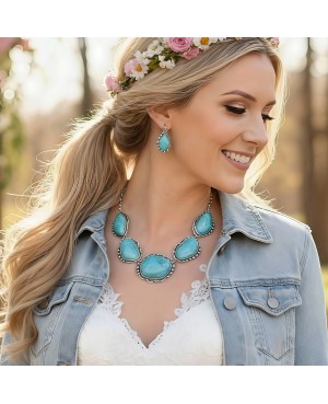 Chunky Turquoise Silver Statement Necklace Earrings Set Rustic Western