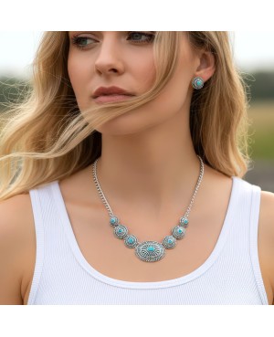 Turquoise and Antique Silver Concho Style Necklace and Earrings Set