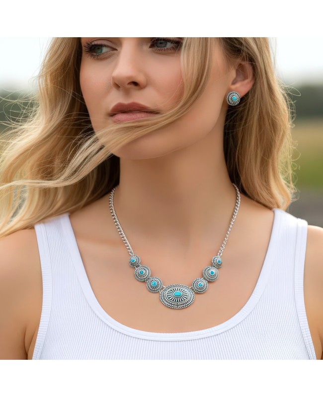 Turquoise and Antique Silver Concho Style Necklace and Earrings Set