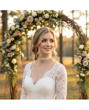 Rustic Country Beach Wedding Choker Necklace with Rhinestone Center
