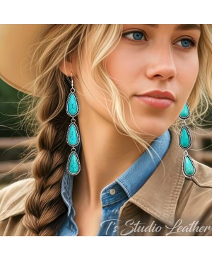 Long Dangling Western Style Turquoise Stone Earrings in Antique Silver