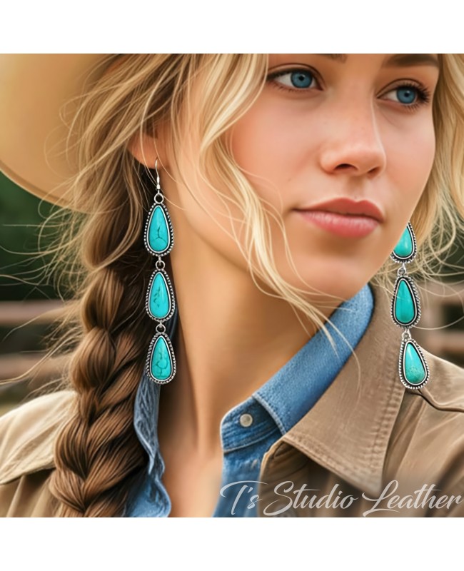 Long Dangling Western Style Turquoise Stone Earrings in Antique Silver