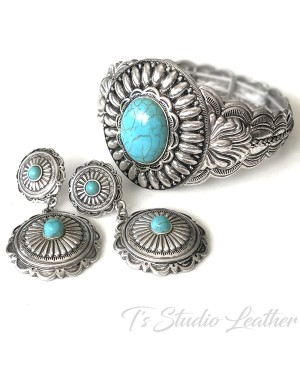 Western Silver Concho Earrings Turquoise Lightweight Cowgirl Rodeo