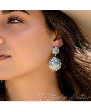 Western Silver Concho Earrings Turquoise Lightweight Cowgirl Rodeo