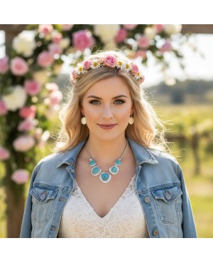 Hammered Silver Statement Turquoise Necklace Earrings - Western Style