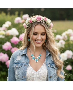 Hammered Silver Statement Turquoise Necklace Earrings - Western Style