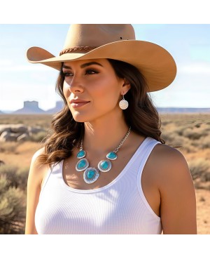 Hammered Silver Statement Turquoise Necklace Earrings - Western Style