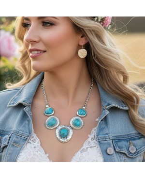 Hammered Silver Statement Turquoise Necklace Earrings - Western Style