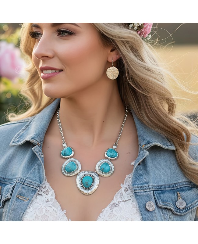 Hammered Silver Statement Turquoise Necklace Earrings - Western Style