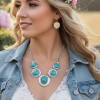 Hammered Silver Statement Turquoise Necklace Earrings - Western Style