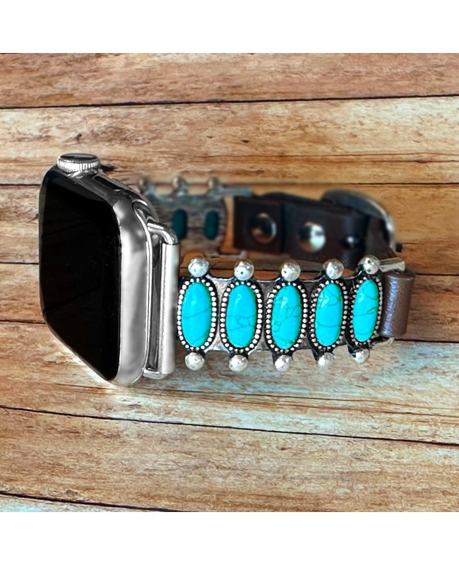 Silver and Turquoise with Leather Apple Watch Band Bracelet