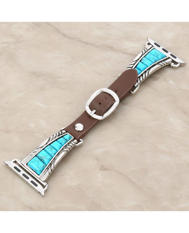 Silver and Turquoise with Leather Apple Watch Band Bracelet