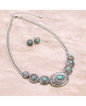 Turquoise and Antique Silver Concho Style Necklace and Earrings Set