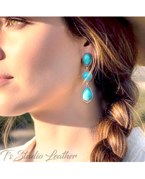 Turquoise Earrings Stone Drop Western Style in Antique Silver Setting