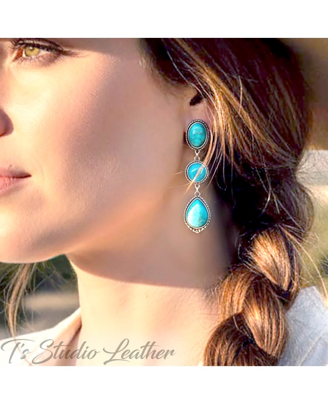 Turquoise Earrings Stone Drop Western Style in Antique Silver Setting