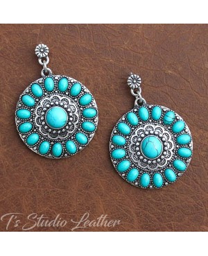 Western Style Silver Concho Earrings with Turquoise Stones