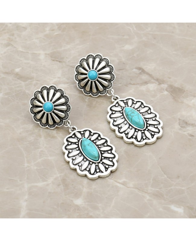 Turquoise and Silver Concho Earrings - Lightweight Western Style Jewelry