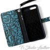 Turquoise and Black Floral Leather Wallet Phone Case