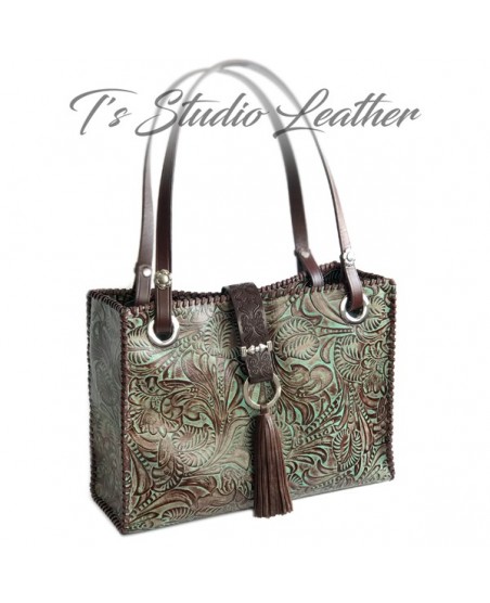 Floral Tool Tooled Tote in Turquoise and Brown Embossed Leather