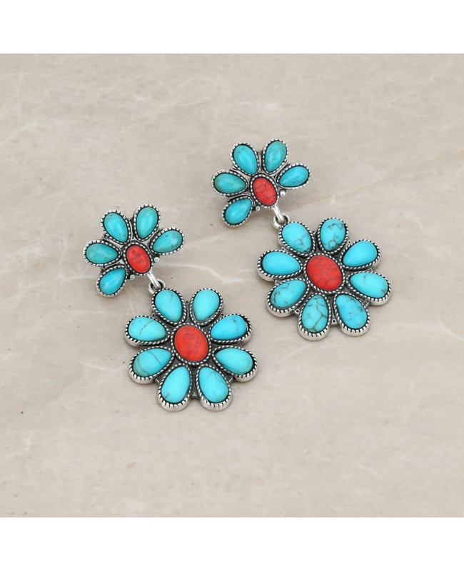 Turquoise and Red Stone Concho Earrings - Western Style Jewelry