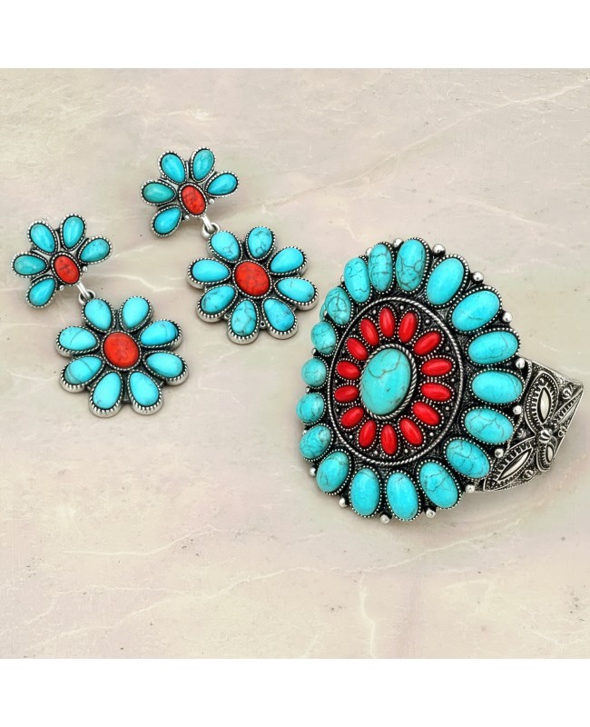 Turquoise and Red Concho Earrings and Matching Bracelet Set