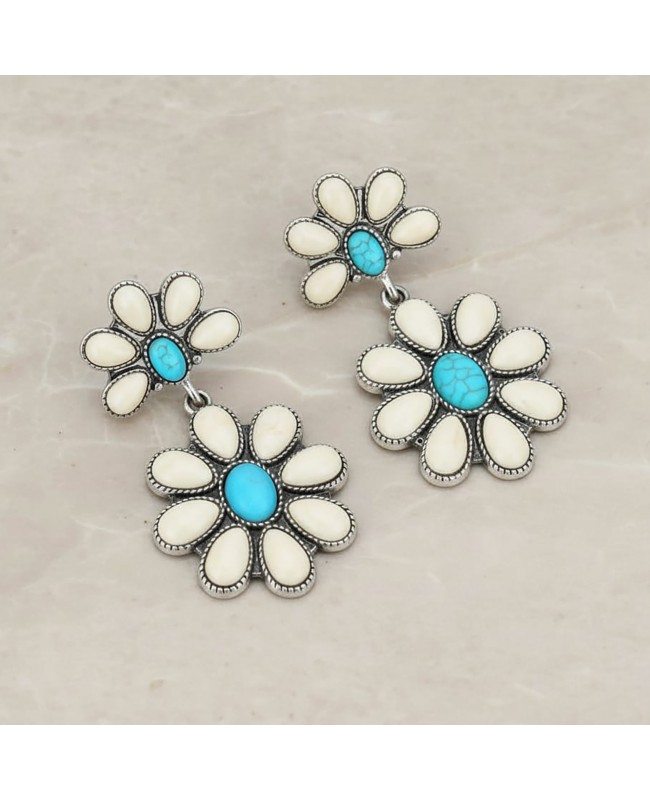 Ivory and Turquoise Stone Concho Earrings - Western Style Jewelry