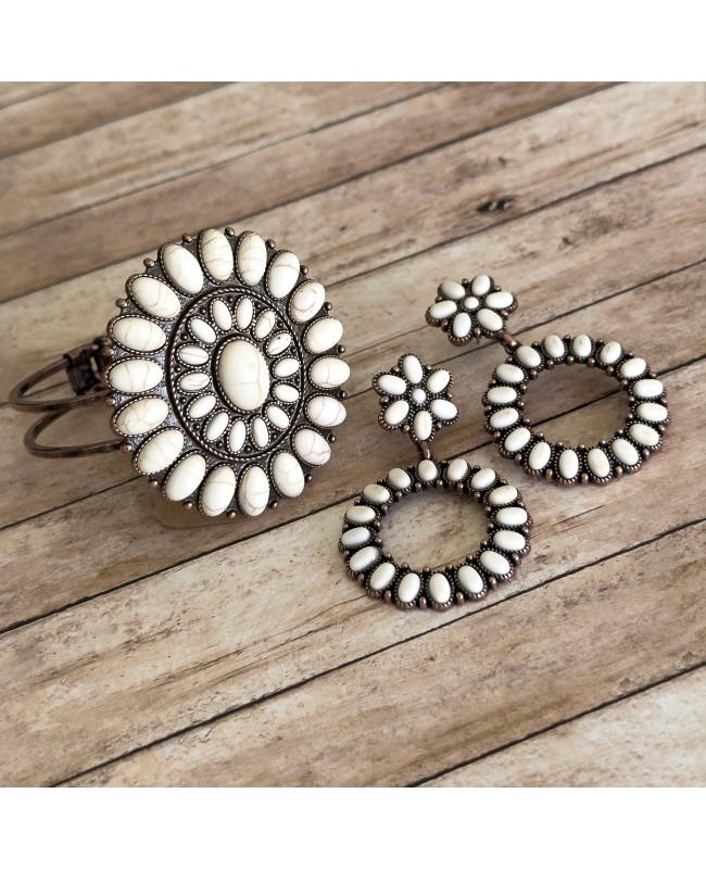 Ivory and Antique Copper Concho Earrings and Matching Bracelet Set