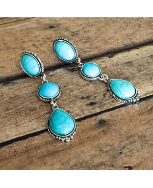 Turquoise Earrings Stone Drop Western Style in Antique Silver Setting