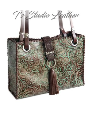Floral Tooled Tote in Turquoise and Brown Embossed Leather