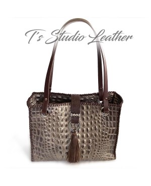 Crocodile Embossed Leather Tote in Pewter and Brown