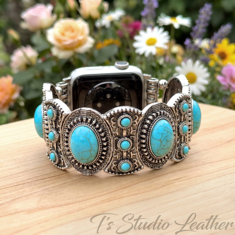 Silver and Turquoise Apple Watch Band Bracelet