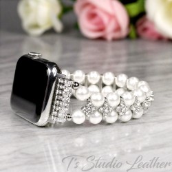 Pearl and Cubic Zirconia Crystal Rhinestone Apple Watch Band Bracelet - Pearl Jewelry Watch Strap