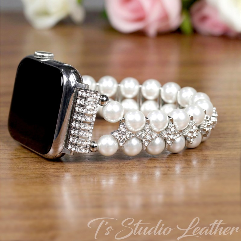 Pearl and Cubic Zirconia Crystal Rhinestone Apple Watch Band Bracelet - Pearl Jewelry Watch Strap