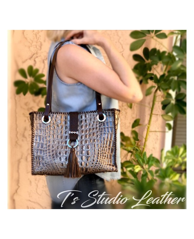 Crocodile Embossed Leather Tote in Pewter and Brown