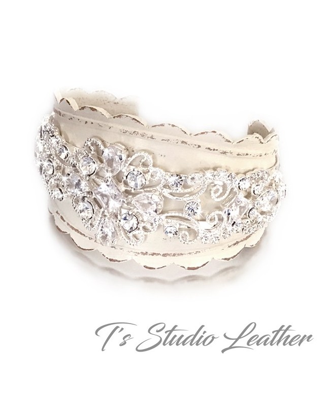 Rhinestone & Leather Rustic Wedding Ivory Bridal Cuff Bracelet Wristband