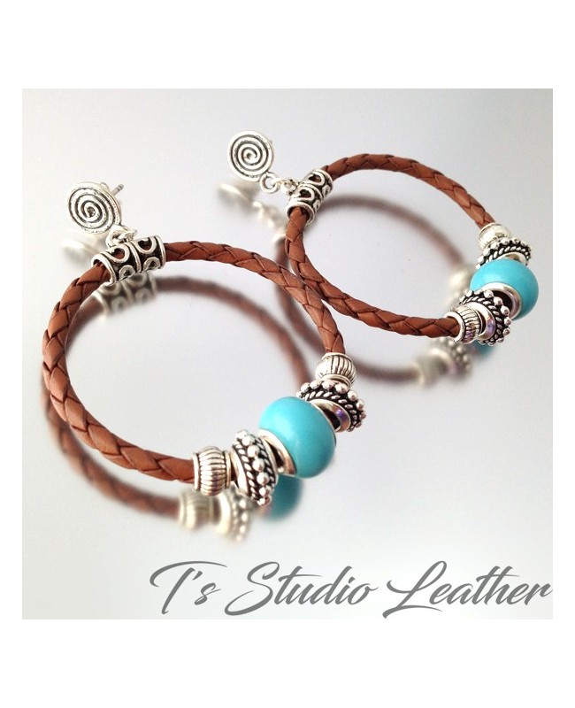 Brown Braided Leather Hoop Earrings