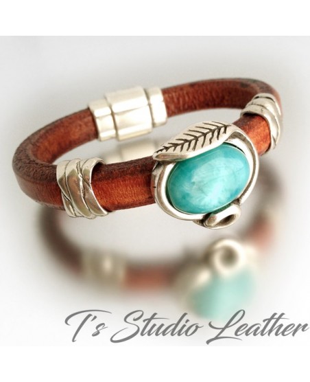 Brown Braided Leather Hoop Earrings with Turquoise and Silver Accents