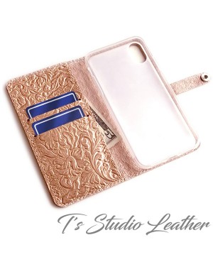 Ts Studio Leather Metallic Rose Gold Cowhide Wallet Style Phone Case