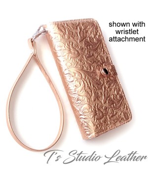 Ts Studio Leather Metallic Rose Gold Cowhide Wallet Style Phone Case