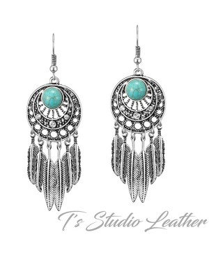 Silver Turquoise Feather Bohemian Earrings