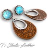 Brown Tooled Leather Hoop Earrings with Turquoise and Silver Accents - Floral Motif Boho Jewelry
