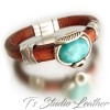 Brown Tooled Leather Hoop Earrings with Turquoise and Silver Accents - Floral Motif Boho Jewelry