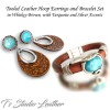 Brown Tooled Leather Hoop Earrings with Turquoise and Silver Accents - Floral Motif Boho Jewelry